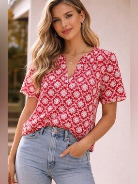 LOFT Red Eyelet Crochet Floral Short Sleeve Blouse